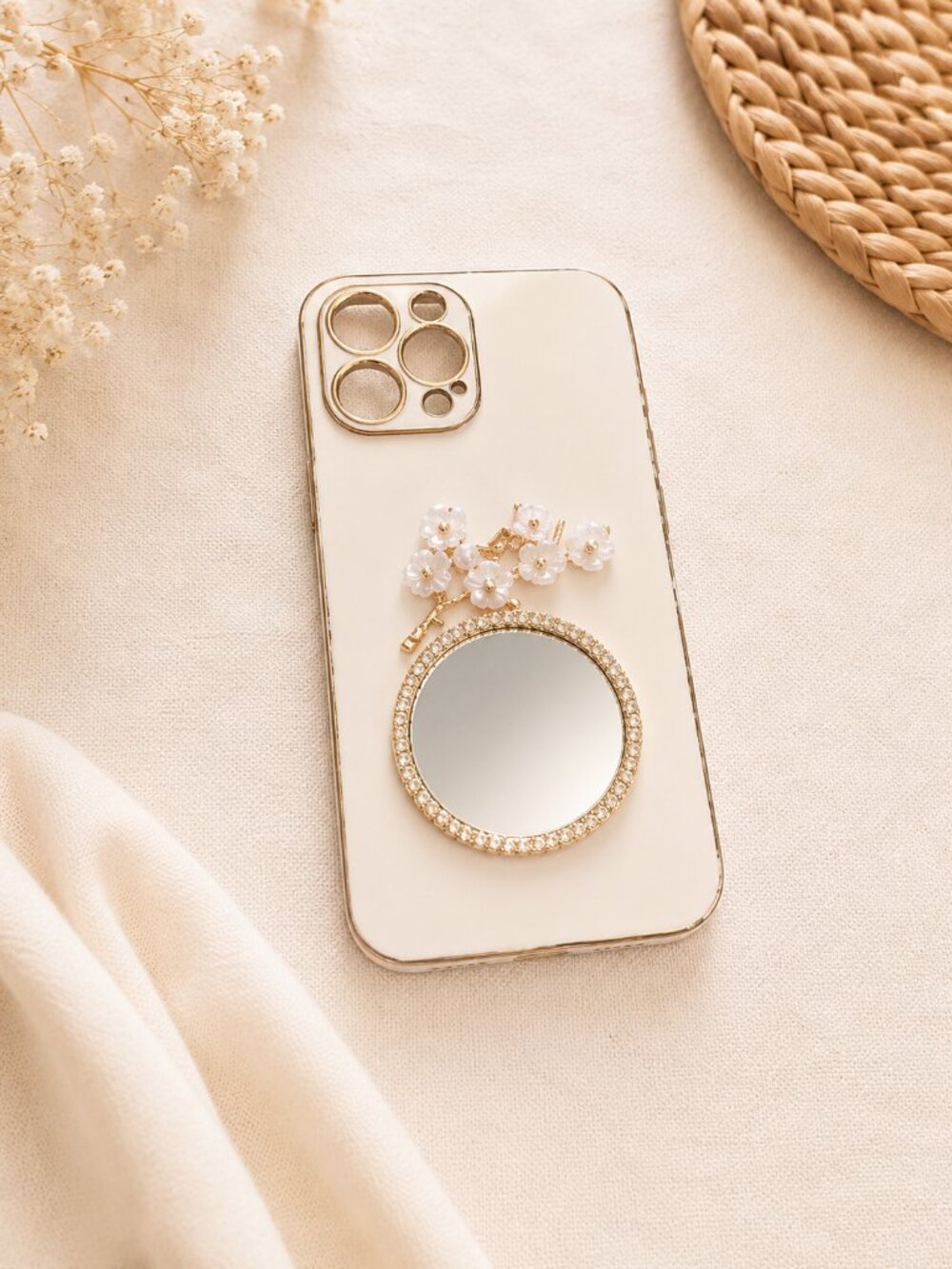 iPhone 12 Pro Max White & Gold Ring Holder Case | Elegant Mirror Phone Case